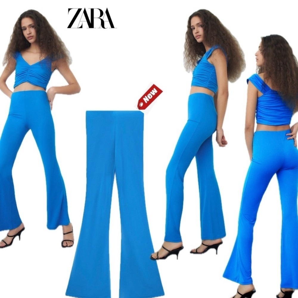 Zara blue stretchy high waisted flare pull on pants Sz S NWT